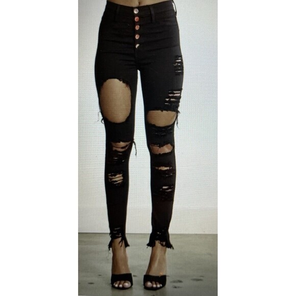 Vibrant Denim - Vibrant Women's High Rise 5 Button Jeans Heavy Distressing Black Size 9